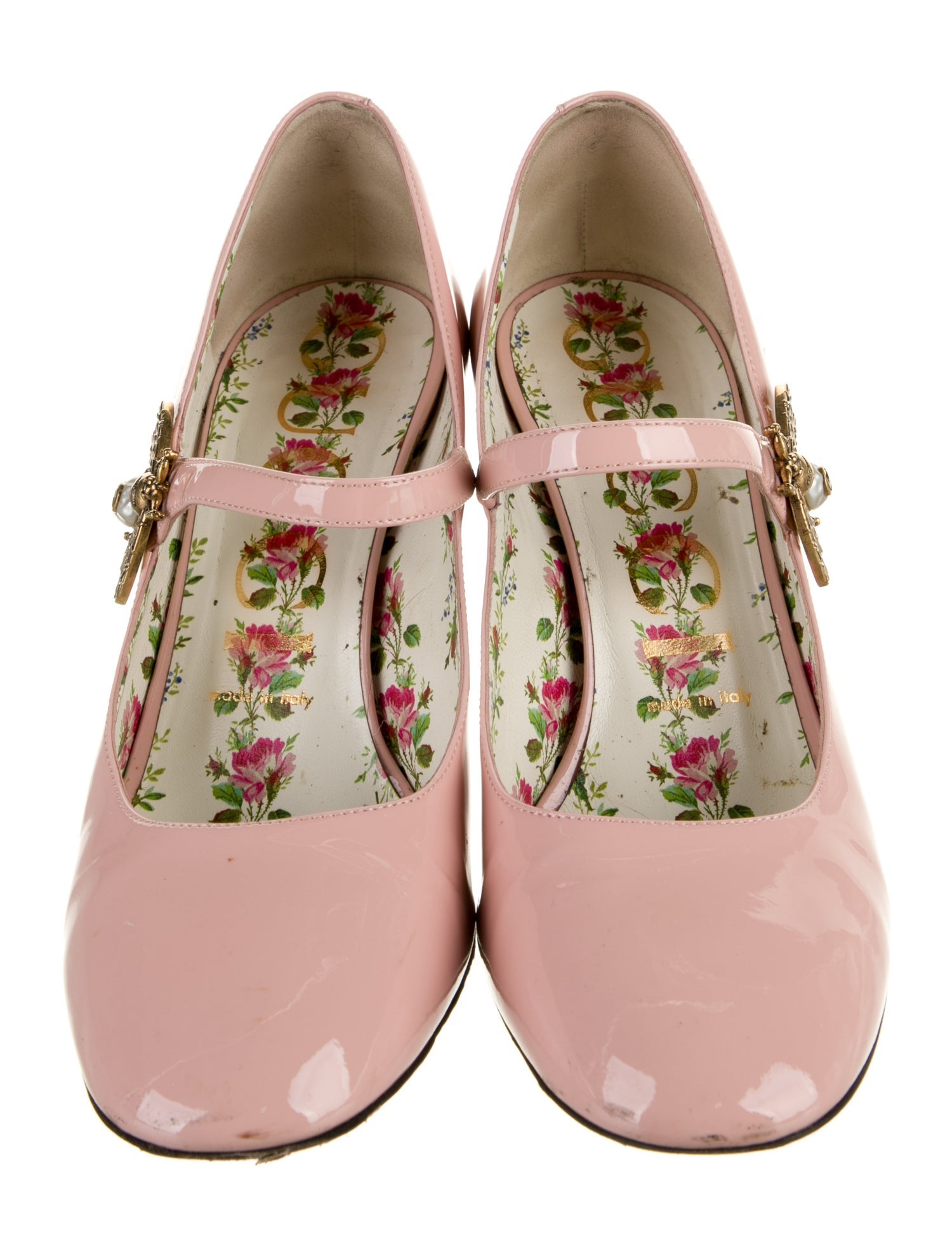 Gucci Faux Pearl Accents Patent Leather Pumps